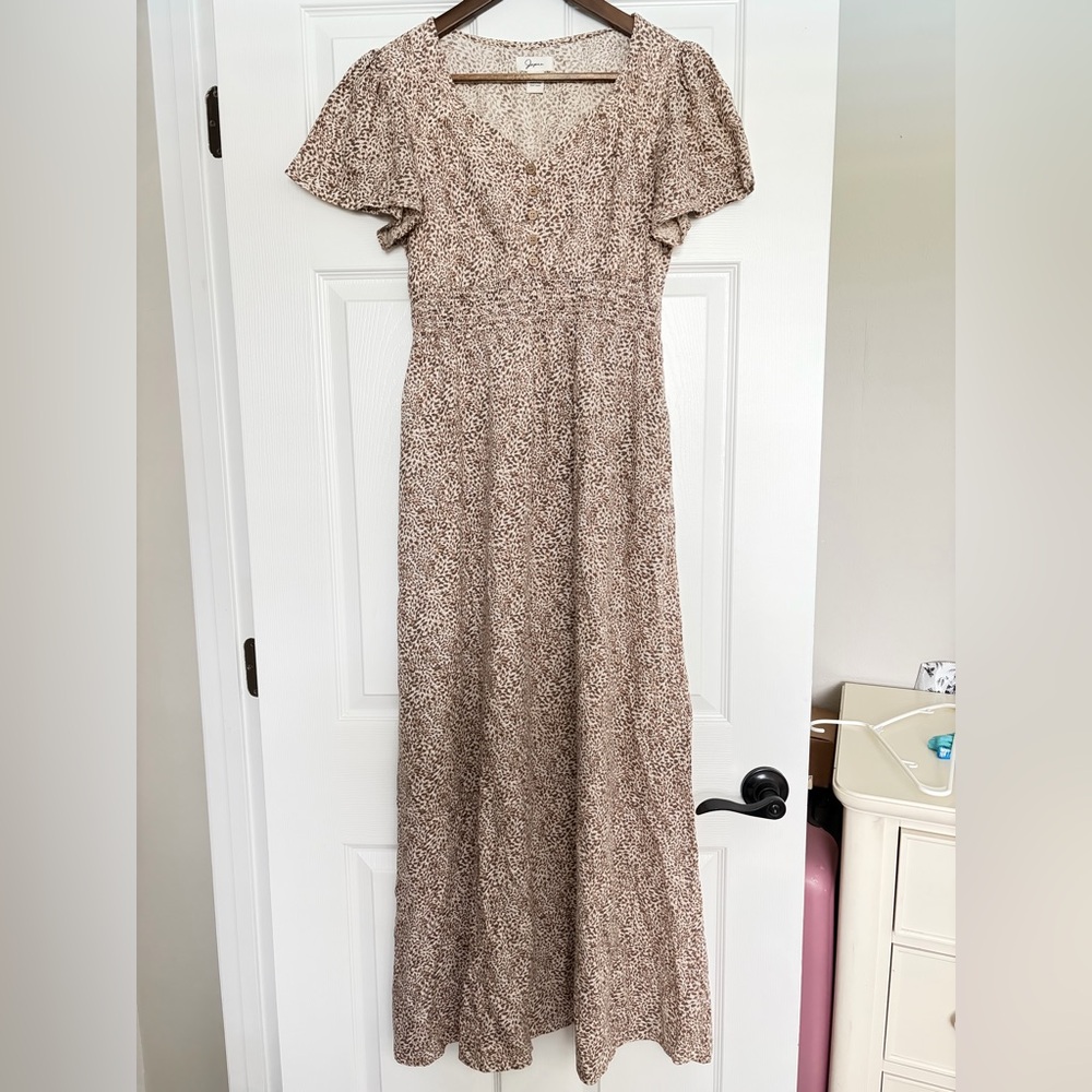 Boho,Smocked,Midi, Small, Cottage-core Leopard print, neutral, Dress - Picture 5 of 6